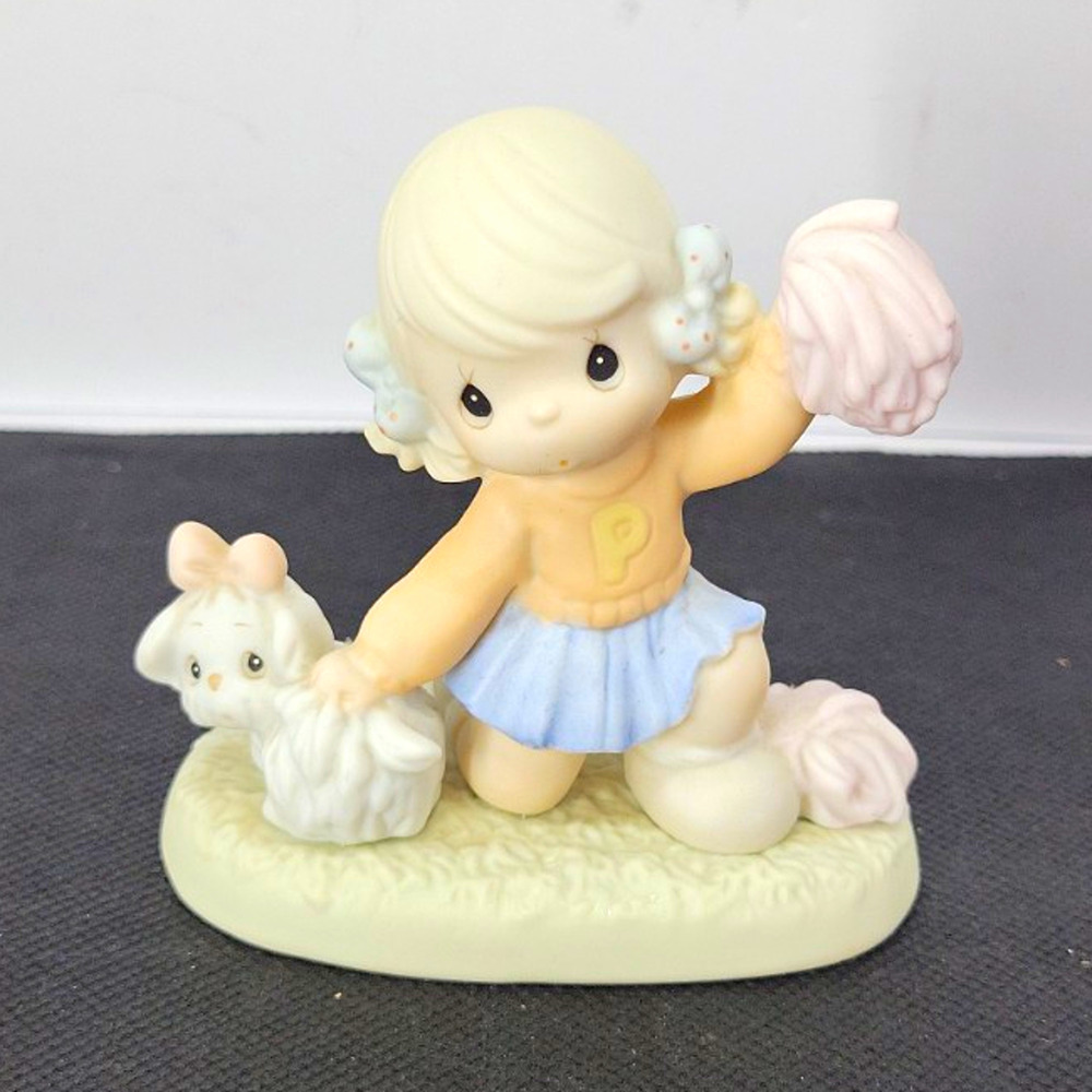 Precious Moments Cheerleader Girl Porcelain Figurine Pink Pom-Pom Bunny 1997